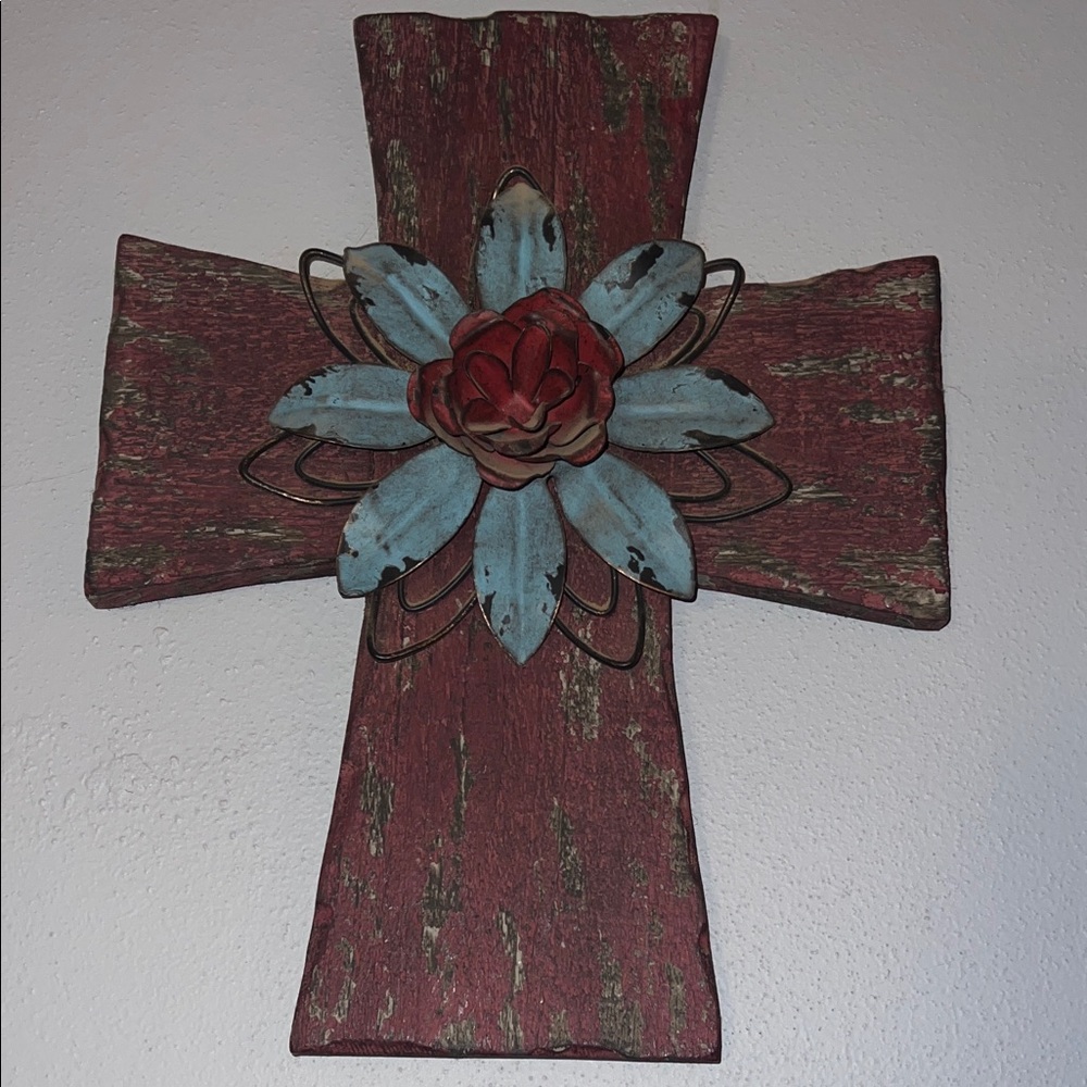 Rustic Red and Blue Wall Cross Decor
